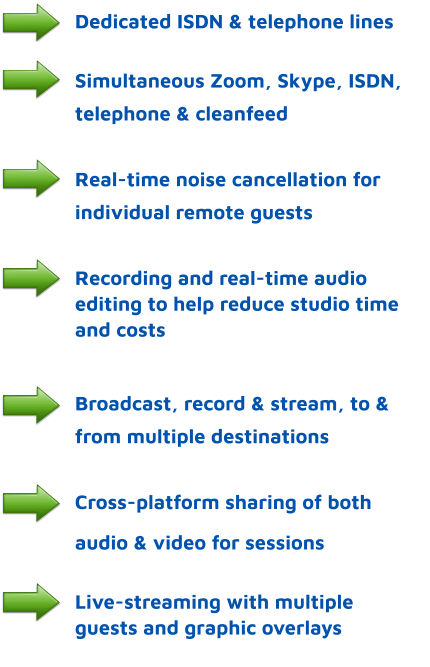 Dedicated ISDN & telephone lines  Simultaneous Zoom, Skype, ISDN,      telephone & cleanfeed  Real-time noise cancellation for individual remote guests  Recording and real-time audio editing to help reduce studio time and costs   Broadcast, record & stream, to & from multiple destinations  Cross-platform sharing of both  audio & video for sessions   Live-streaming with multiple guests and graphic overlays